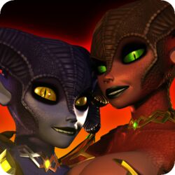  3d_(artwork) demon digital_media_(artwork) duo ezria female green_sclera horn humanoid janner3d looking_at_viewer not_furry scales smile xelthia yellow_sclera 