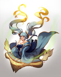  aqua_hair bare_shoulders blonde_hair blue_hair breasts cleavage commentary_request female floating_hair gradient_hair hair_ornament hand_to_own_mouth highres instrument jewelry large_breasts league_of_legends lips long_hair multicolored_hair nawol photoshop_(medium) solo sona_(league_of_legends) twintails very_long_hair yellow_eyes 