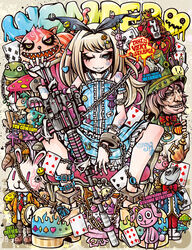  :3 alice_(alice_in_wonderland) alice_in_wonderland arm_strap blue_eyes blunt_bangs bottle bracelet brooch bullet_hole card chains cheshire_cat_(alice_in_wonderland) commentary_request cuffs decora dress facial_tattoo fangs female fish frilled_dress frills frog gun hair_ornament hair_ribbon hairclip hat highres jewelry light_brown_hair looking_at_viewer mad_hatter_(alice_in_wonderland) mask mushroom one_eye_closed original photoshop_(medium) pig playing_card project.c.k. queen_of_hearts_(alice_in_wonderland) rabbit ribbon ring screw shoes sitting spread_legs stuffed_animal stuffed_rabbit stuffed_toy submachine_gun tattoo top_hat watch weapon |_| 