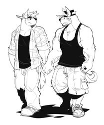  2015 anthro baker_(kokuhane) biceps big_muscles bottomwear canid canine canis chest_tuft clothed clothing domestic_dog duo facial_hair footwear fur hand_holding kokukokuboo male mammal monochrome muscular muscular_male open_clothing open_shirt open_topwear pants pecs shirt shoes shorts smile tank_top topwear tre_(vasuki) tuft wolf 