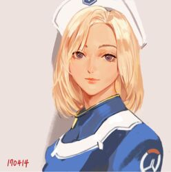  alternate_hairstyle beret blonde_hair blue_bodysuit blue_eyes bodysuit breasts closed_mouth combat_medic_ziegler commentary cross_print dated emblem eyelashes female hat lips lipstick logo long_sleeves looking_at_viewer makeup medium_breasts medium_hair mercy_(overwatch) no_wings nose official_alternate_costume overwatch overwatch_1 parted_bangs pink_lips short_hair simple_background smile solo takssmask upper_body white_hat 