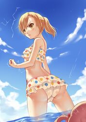  2girls :&lt; arched_back arm_at_side ass back bad_id bad_pixiv_id bikini blue_sky brown_eyes brown_hair closed_mouth cloud cowboy_shot day electricity frilled_bikini frills from_behind hair_between_eyes highres misaka_mikoto multicolored_bikini multicolored_clothes multiple_girls ocean orb out_of_frame outdoors polka_dot polka_dot_bikini ponytail shirai_kuroko short_hair sky solo_focus standing swimsuit toaru_kagaku_no_railgun toaru_majutsu_no_index wading water wet white_bikini yizhirenben 