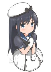  asashio_(kancolle) black_hair commentary_request cosplay curse_(023) dress female gloves hand_on_own_chest hat highres jervis_(kancolle) jervis_(kancolle)_(cosplay) kantai_collection long_hair looking_at_viewer sailor_dress sailor_hat white_background 