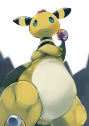  ambiguous_gender ampharos anthro biped crossed_arms digital_media_(artwork) dominant featureless_crotch front_view generation_2_pokemon looking_at_viewer low-angle_view nintendo nude o_o pokemon pokemon_(species) simple_background slightly_chubby solo standing step_pose unavailable_at_source white_background yatosuke 