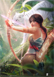  blood blue_eyes bow_(weapon) brown_hair commentary_request female forest from_behind jungle lara_croft md5_mismatch nature over_shoulder plant ponytail ross_tran sunlight tank_top tattoo tiger tomb_raider tomb_raider_(reboot) tree weapon white_tiger 