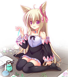  animal_ears bare_shoulders black_legwear blonde_hair blush book breasts collarbone dog_ears elin_(tera) eyebrows_visible_through_hair large_breasts looking_at_viewer open_book open_mouth parted_lips psyche3313 red_eyes sitting smile solo tera_online test_tube thighhighs wariza 