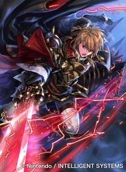  1boy ares_(fire_emblem) armor armored_boots blonde_hair boots brown_eyes cape clover_k commentary_request company_connection copyright_name detached_sleeves fire_emblem fire_emblem:_genealogy_of_the_holy_war fire_emblem_cipher gloves glowing glowing_weapon holding holding_weapon male_focus mystletainn night night_sky official_art open_mouth riding short_hair sky sword weapon 