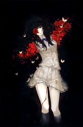  absurdres black_hair black_socks black_theme blood bug butterfly female flower highres kara_no_shoujo kneehighs kuchiki_touko long_hair pleated_skirt red_eyes red_theme rose school_uniform serafuku skirt socks solo sugina_miki 