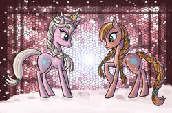  2013 alternate_species ass blue_eyes brown_body brown_fur brown_hair brown_skin crossover crown cutie_mark digital_media_(artwork) disney duo earth_pony equid equine female feral frozen_(movie) fur hair hasbro headgear horn horse mammal my_little_pony mythological_creature mythological_equine mythology nude pink_body pink_skin ponification pony ponytail princess_anna_(frozen) queen_elsa_(frozen) raptor007 snow unicorn white_body white_fur white_hair 