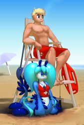  2016 aeolid_nudibranch aeolid_nudibranch_merfolk anthro apode aquatic_gastropod beach blonde_hair blue_cerata blue_dragon_slug blue_eyes blue_hair blue_rhinophores blue_tail bottomless bottomwear breasts cerata_(anatomy) chair clothed clothing duo elpatrixf eyelashes female furniture gastropod glauki_(elpatrixf) hair herman_(elpatrixf) hi_res human legless lifeguard lifeguard_tower long_tail male mammal marine mollusk monster_girl_(genre) navel nipples nudibranch nudibranch_merfolk outside red_cross rescue_buoy rhinophores sand sea_slug seaside shorts slug smile tail topless whistle_(object) 