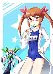  aqua_background beast_master_(medarot) blue_background blue_one-piece_swimsuit blue_theme blunt_bangs blush breasts brown_hair collarbone commentary_request covered_navel cowboy_shot crossover diagonal_stripes eating extra_arms eyebrows female food food_in_mouth from_side gears glasses gloves gradient_background hair_ribbon hand_on_own_hip hand_up holding holding_food idolmaster idolmaster_cinderella_girls ikebukuro_akiha kobadai lab_coat long_sleeves looking_at_viewer medarot name_tag old_school_swimsuit one-piece_swimsuit open_clothes orange_eyes outline outside_border pen photoshop_(medium) pink-framed_eyewear pink_ribbon pocket popsicle rectangular_eyewear ribbon robot rocket_launcher school_swimsuit semi-rimless_eyewear sidelocks sleeves_past_wrists small_breasts standing star_(symbol) striped swimsuit swimsuit_under_clothes twintails under-rim_eyewear v weapon 