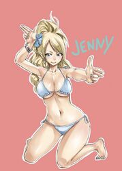  barefoot bikini blonde_hair breasts character_name curvy fairy_tail feet female flower jenny_realight large_breasts mashima_hiro nail_polish official_art solo swimsuit underboob 