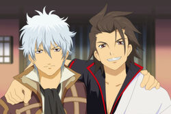  2boys alvin_(tales) alvin_(tales)_(cosplay) ascot bad_id bad_pixiv_id brown_eyes brown_hair cosplay costume_switch gintama grin halto hand_on_another&#039;s_shoulder jacket male_focus multiple_boys sakata_gintoki sakata_gintoki_(cosplay) smile sugita_tomokazu tales_of_(series) tales_of_xillia voice_actor_connection white_hair 