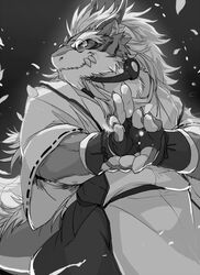  anthro asian_mythology beard claws clothing dragon east_asian_mythology eastern_dragon eyewear facial_hair glasses kemono kmd023 male mature_anthro mature_male monochrome mythological_creature mythological_scalie mythology scalie shiki_taigen solo utau 