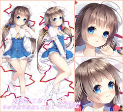  ahoge bed_sheet blue_dress blue_eyes blush bobby_socks brown_hair chestnut_mouth closed_mouth collarbone commentary_request dakimakura_(medium) dress female hand_up hinatsuru_ai layered_sleeves long_hair long_sleeves looking_at_viewer low_twintails lying multiple_views no_shoes on_back on_side parted_lips puffy_short_sleeves puffy_sleeves red_ribbon ribbon ryuuou_no_oshigoto! school_uniform short_over_long_sleeves short_sleeves socks twintails very_long_hair white_legwear xia_xiang_(ozicha) 