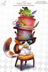  alice_in_wonderland aster_(flower) beverage black_body black_fur blue_eyes bow_(feature) chair clothing container cup digital_media_(artwork) digital_painting_(artwork) domestic_cat english_text feathers felid feline felis female feral flower fur furniture hat headgear headwear humor mad_hatter mammal orange_body orange_fur pawpads piper_thibodeau plant pun saucer solo tea tea_cup text whiskers white_body white_fur 