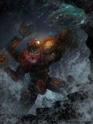  bad_id bad_pixiv_id battle circular_saw crimson_typhoon emblem extra_arms glowing glowing_eye hachifuku highres jaeger_(pacific_rim) kaijuu light_particles mecha military military_vehicle monster no_humans ocean pacific_rim photoshop_(medium) rain realistic robot saw science_fiction storm stormy_waters super_robot water waves 