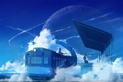  2girls bad_id bad_pixiv_id black_hair black_legwear blue_sky blue_theme cloud commentary_request day instrument_case kneehighs kyarage_(soda) looking_at_another multiple_girls original outdoors profile scenery school_uniform sitting sky socks standing train train_station 