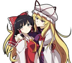  2girls arm_around_shoulder arm_ribbon ascot black_eyes black_hair blonde_hair blush bow breast_press breasts commentary_request covered_nipples detached_sleeves dress embarrassed hair_tubes hairbow hakurei_reimu hat hat_ribbon highres homco large_breasts leaning_on_person long_hair long_sleeves looking_at_another looking_away mob_cap multiple_girls outline purple_eyes ribbon ribbon-trimmed_sleeves ribbon_trim simple_background smile tabard touhou very_long_hair white_background white_dress yakumo_yukari 