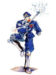  1990s_(style) 1boy armor artist_request biting blonde_hair boots brocken_(world_heroes) cyborg electricity gloves hat mecha military military_uniform official_art photoshop_(medium) production_art red_eyes retro_artstyle robot rocket_launcher science_fiction smoke snk teeth traditional_media uniform weapon world_heroes 