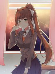  adjusting_hair backlighting blazer blue_skirt blush bow breasts brown_hair closed_mouth collared_shirt commentary cowboy_shot curtains desk doki_doki_literature_club english_commentary female green_eyes grey_jacket hair_intakes hairbow hand_up high_ponytail indoors jacket long_hair long_sleeves looking_at_viewer medium_breasts miniskirt monika_(doki_doki_literature_club) neck_ribbon night orange_sweater pleated_skirt ponytail red_ribbon ribbon school school_desk school_uniform shirt sidelocks skirt sky smile solo star_(sky) starry_sky sweater tareme tiny_(tini3030) very_long_hair white_bow white_shirt window wing_collar 