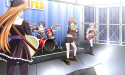  1boy 3girls brown_eyes brown_hair crossdressing drum game_cg green_eyes guitar hair_ornament instrument isurugi_chie kashiwara_sarina katakura_shinji kira_kira maejima_shikako maejima_shikanosuke multiple_girls pink_hair purple_hair shiino_kirari short_hair trap 