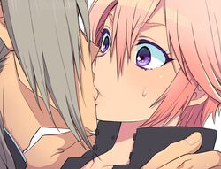  1boy bad_id bad_twitter_id collarbone commentary_request eroe female gakuran grey_hair kissing lips original pink_hair school_uniform short_hair straight surprise_kiss surprised sweat unnamed_tsrpg_protagonist_(eroe) 