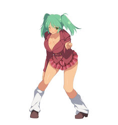  blush breasts cleavage dark_skin female female full_body green_eyes green_hair ikkitousen large_breasts leaning_forward looking_at_viewer one_eye_closed open_mouth ryofu_housen school_uniform schoolgirl senran_kagura senran_kagura:_estival_versus smile solo standing twintails 