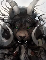  accessory black_hair demon fangs felid fur furgonomics grey_body grey_fur hair hair_accessory headshot_portrait hi_res horn horn_accessory hornband lion long_hair looking_at_viewer male mammal open_mouth pantherine portrait rhyu snarling solo soun teeth yellow_eyes 