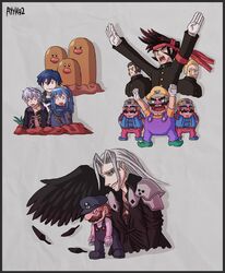  ayyk92 black_wings blue_hair buried chrom_(fire_emblem) commentary dugtrio facial_hair final_fantasy final_fantasy_vii fire_emblem fire_emblem_awakening gloves hat ippongi_ryuuta lucina_(fire_emblem) mario mario_(series) moustache multiple_persona osu!_tatakae!_ouendan ouendan pokemon pokemon_(creature) possessed red_eyes robin_(fire_emblem) robin_(male)_(fire_emblem) saitou_atsushi_(osu!_tatakae!_ouendan) sephiroth single_wing spirit_(super_smash_bros.) super_smash_bros. suzuki_ittetsu wario wings 