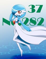  alternate_color blue_background blue_hair blush breasts female female full_body gardevoir gen_3_pokemon gradient gradient_background hand_up looking_at_viewer neichii no_humans no_nipples open_mouth pokemon pokemon_(creature) red_eyes shiny_pokemon short_hair simple_background small_breasts smile solo standing text 