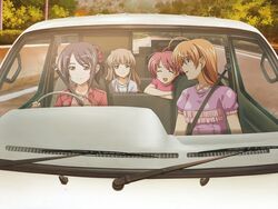  1boy 3girls brown_eyes brown_hair car closed_eyes crossdressing game_cg green_eyes hair_ornament isurugi_chie kashiwara_sarina katakura_shinji kira_kira maejima_shikako maejima_shikanosuke motor_vehicle multiple_girls pink_hair purple_hair shiino_kirari short_hair trap vehicle 