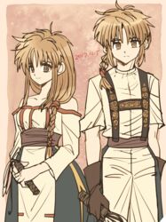  1boy arc_the_lad arc_the_lad_ii braid breasts brown_eyes brown_hair commentary_request dress female genderswap_(ftm) lieza_(arc_the_lad) long_hair looking_at_viewer low-tied_long_hair rule_63 single_braid smile very_long_hair yadoso 