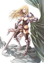  armor belt blandly_vorpal blonde_hair blue_eyes cameltoe cliff commentary_request female janne_d&#039;arc lips long_hair realistic rock snk solo sword tunic weapon world_heroes 