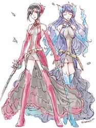  2girls breasts brighid_(xenoblade) brighid_(xenoblade)_(cosplay) closed_eyes collarbone commentary_request cosplay dress dual_wielding fire gloves holding long_hair medium_breasts morag_ladair_(xenoblade) multiple_girls navel oseo purple_hair smile sword weapon white_background xenoblade_chronicles_(series) xenoblade_chronicles_2 