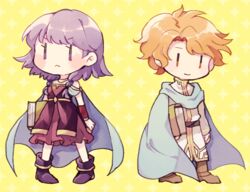  1boy artur_(fire_emblem) bad_id bad_pixiv_id blush_stickers book boots chibi cloak commentary_request couple dress female fire_emblem fire_emblem:_the_sacred_stones full_body lute_(fire_emblem) orange_eyes orange_hair purple_eyes purple_hair robe short_hair simple_background sparkle_background straight sushitarou twintails wristband yellow_background 