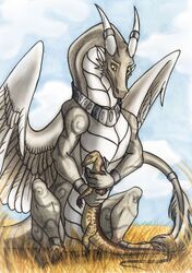  angel angel_dragon angelicus chickenzaur claws dragon duo european_mythology feathered_wings feathers feral hi_res horn hug lizard monitor_lizard mythological_creature mythological_scalie mythology reptile sad scalie size_difference smile tail traditional_media_(artwork) western_dragon wings 