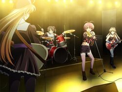  1boy 3girls brown_eyes brown_hair crossdressing drum game_cg green_eyes guitar hair_ornament instrument isurugi_chie kashiwara_sarina katakura_shinji kira_kira maejima_shikako maejima_shikanosuke multiple_girls pink_hair purple_hair shiino_kirari short_hair trap 