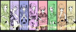  6+girls :t black_border body_pillow border character_request cheek_bulge choker closed_eyes color-coded commentary_request cup eyepatch folded_ponytail food gintama glasses hair_bun highres hug ikumatsu japanese_clothes jolin0323 kagura_(gintama) kimono kiseru looking_at_viewer looking_down multiple_girls multiple_monochrome off_shoulder ohitsu okita_mitsuba one_eye_closed open_mouth own_hands_together parted_lips photoshop_(medium) pillow plate ponytail rice sarutobi_ayame scar semi-rimless_eyewear shimura_tae single_hair_bun sitting smile smoking_pipe tama_(gintama) tsukuyo_(gintama) twintails yagyuu_kyuubei 