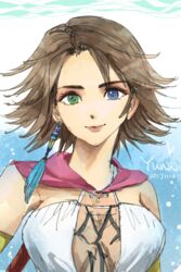  blue_eyes breasts brown_hair commentary_request female final_fantasy final_fantasy_x final_fantasy_x-2 green_eyes heterochromia highres medium_hair smile solo yadoso yuna_(ff10) 