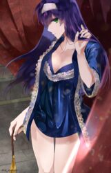  adjusting_hair alternate_costume blue_hair breasts cleavage cowboy_shot curtains cyaca_ab fire_emblem fire_emblem:_akatsuki_no_megami fire_emblem:_souen_no_kiseki green_eyes hairband hand_in_hair long_hair looking_at_viewer medium_breasts nightgown robe see-through solo twitter_username wayu_(fire_emblem) white_hairband 