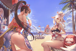  1boy 4girls abe_no_seimei_(onmyoji) animal ass beach bikini bird bird_mask black_eyes black_hair blue_sky bow breasts cloud commentary_request day detached_sleeves dharma_egg flag flock floral_print food fox_tail fruit hair_ornament hakurou_(onmyoji) high_ponytail highres horizon ice_cream japanese_clothes kagura_(onmyoji) kingyo_hime_(onmyoji) kraken_(onmyoji) large_breasts long_hair looking_at_another looking_at_viewer looking_back mask mask_on_head monster_girl multiple_girls ocean octopus onmyoji onmyouji outdoors parted_lips pelvic_curtain penguin photoshop_(medium) ponytail profile ship side_slit sitting sitting_on_object sky smile standing standing_on_one_leg swimsuit tail tankini thumbs_up ubume_(onmyoji) very_long_hair water watercraft watermelon white_hair wide_sleeves yellow_eyes yougenko youtou_hime_(onmyoji) 