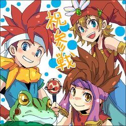  4boys armband blue_eyes brown_eyes brown_hair bubble chrono_trigger commentary_request crono_(chrono_trigger) crossover frog frog_(chrono_trigger) gem green_eyes grin hat headband legend_of_mana looking_at_viewer lowres multiple_boys open_mouth parted_lips randi_(seiken_densetsu_2) red_hair ren_(rojiko) scarf seiken_densetsu seiken_densetsu_2 smile spiked_hair staff toto_(lom) translation_request yellow_eyes 