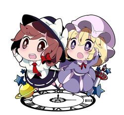  2girls black_legwear blonde_hair blue_eyes brown_eyes brown_hair chibi clock commentary_request dress dress_shirt hair_ribbon hat hat_ribbon holding_hands kayama_benio kneehighs kyoto_tower maribel_hearn mob_cap multiple_girls necktie open_mouth photoshop_(medium) ribbon roman_numeral sash saturn_(planet) shirt short_hair simple_background skirt socks star_(symbol) touhou tress_ribbon usami_renko white_background 