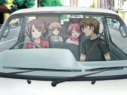  1boy 3girls brown_eyes brown_hair car closed_eyes game_cg green_eyes hair_ornament isurugi_chie kashiwara_sarina katakura_shinji kira_kira maejima_shikanosuke motor_vehicle multiple_girls pink_hair purple_hair shiino_kirari short_hair vehicle 