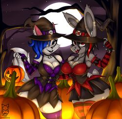  2018 alternative_fashion anthro bone canid canine canis chelsea_(pearlhead) cosplay ear_piercing female food fruit full_moon goth halloween hi_res holidays jack-o&#039;-lantern jeana_(zombieray10) lagomorph leporid magic_user mammal moon piercing plant pumpkin pumpkin_patch rabbit skull witch wolf zombieray10 