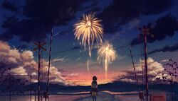  black_hair boom_barrier cloud commentary_request facing_away female fence fireworks hill kyarage_(soda) original outdoors railroad_crossing road scenery school_uniform serafuku short_hair skirt solo standing summer sunset 