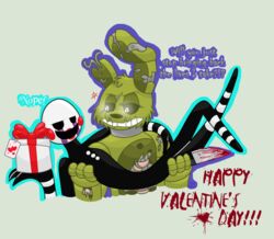  2016 animatronic avj_(artist) blood bodily_fluids duo english_text exposed_endoskeleton five_nights_at_freddy&#039;s five_nights_at_freddy&#039;s_2 five_nights_at_freddy&#039;s_3 gift glowing glowing_eyes holiday_message holidays knife lagomorph leporid machine male mammal marionette_(fnaf) puppet rabbit robot scottgames springtrap_(fnaf) text valentine&#039;s_day 