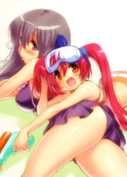  2girls air_(visual_novel) ass bikini black_hair casual_one-piece_swimsuit commentary_request diving_mask frilled_one-piece_swimsuit frills goggles long_hair lying michiru_(air) multiple_girls on_stomach one-piece_swimsuit orange_eyes photoshop_(medium) purple_eyes red_hair swimsuit toono_minagi twintails water_gun zen_(kamuro) 