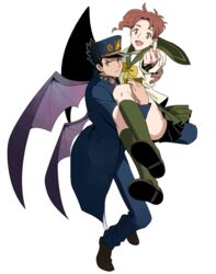  1boy bad_id bad_pixiv_id black_hair blue_eyes carrying female full_body gakuran genderswap_(mtf) green_eyes hat jojo_no_kimyou_na_bouken kakyoin_noriaki kujo_jotaro morphin_e princess_carry red_hair rule_63 school_uniform serafuku stardust_crusaders transparent_background wings 